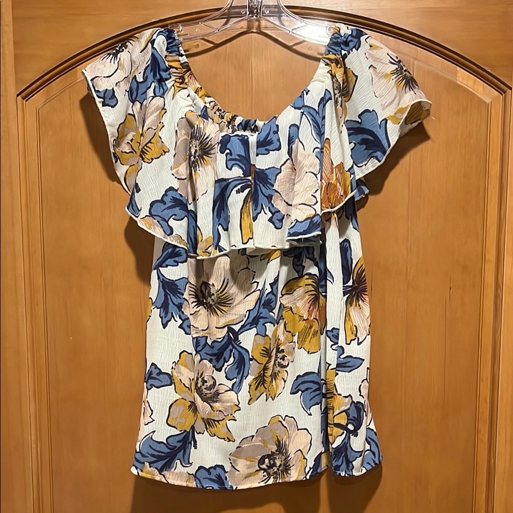 White and Blue Ruffled Blouse with Cap Sleeves